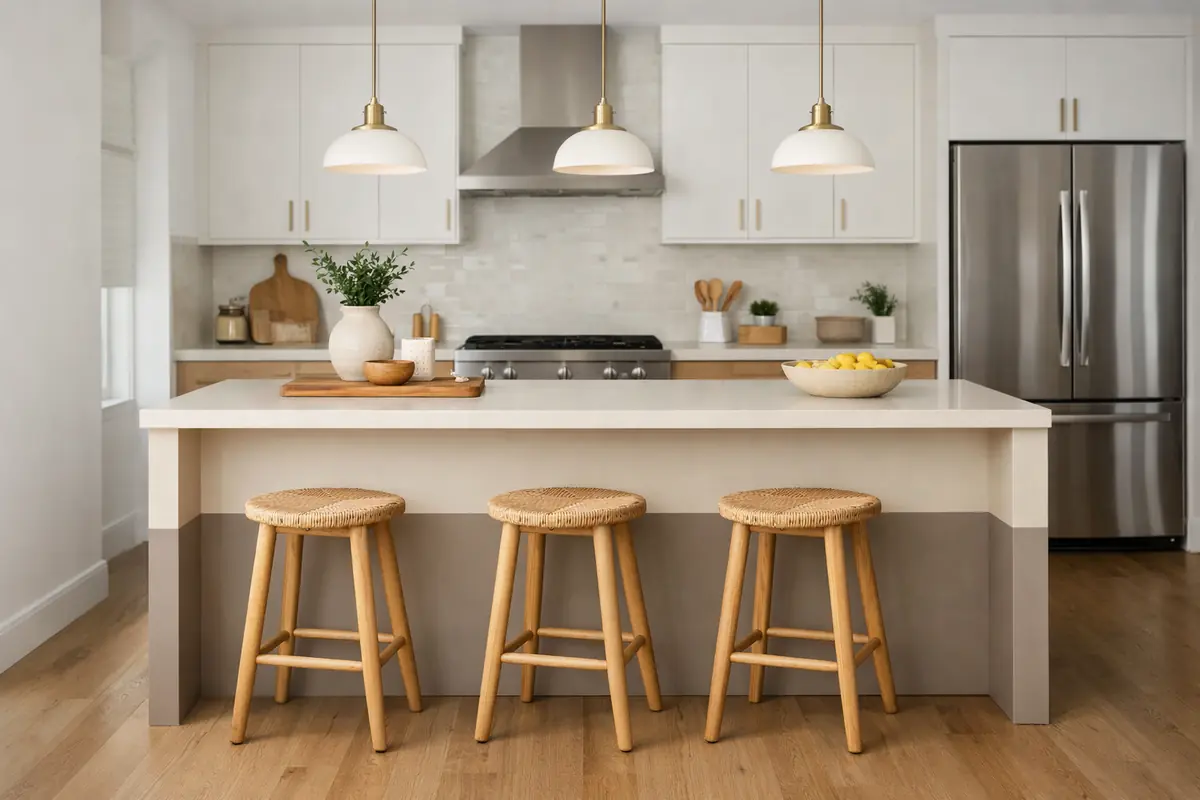 Cuisine avec un îlot bicolore beige et taupe, accompagné de tabourets en bois naturel, soulignant l'harmonie des couleurs.