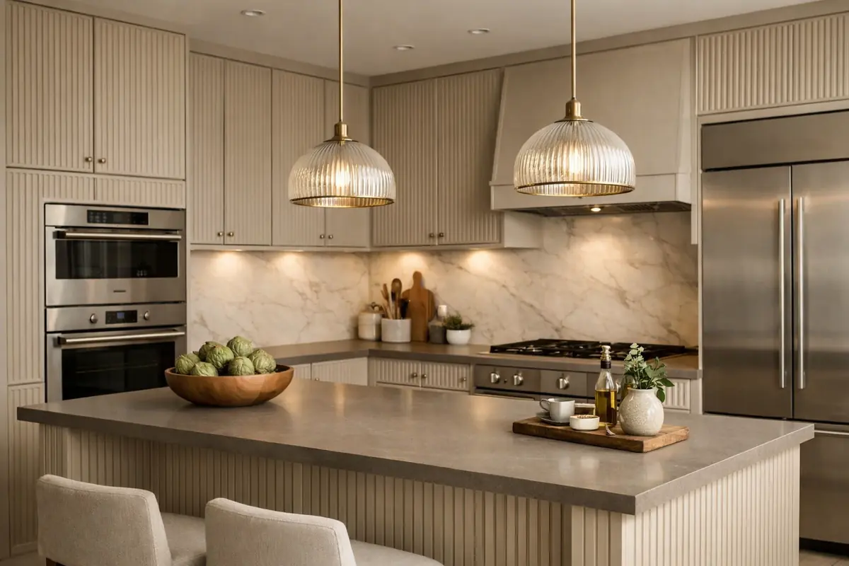 Cuisine beige avec des façades cannelées créant un jeu de textures et un plan de travail taupe pour un contraste subtil.