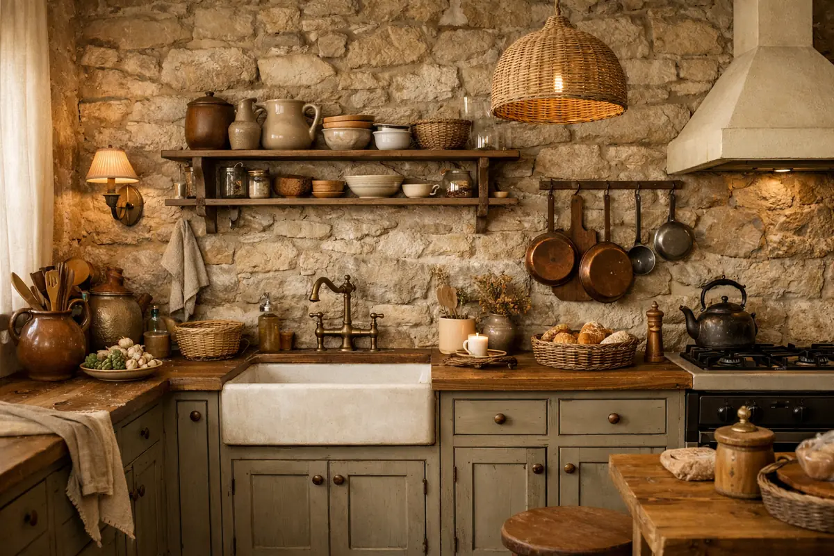 Cuisine beige avec un mur en pierre apparente créant une texture naturelle et des meubles taupe rustiques pour un charme authentique.