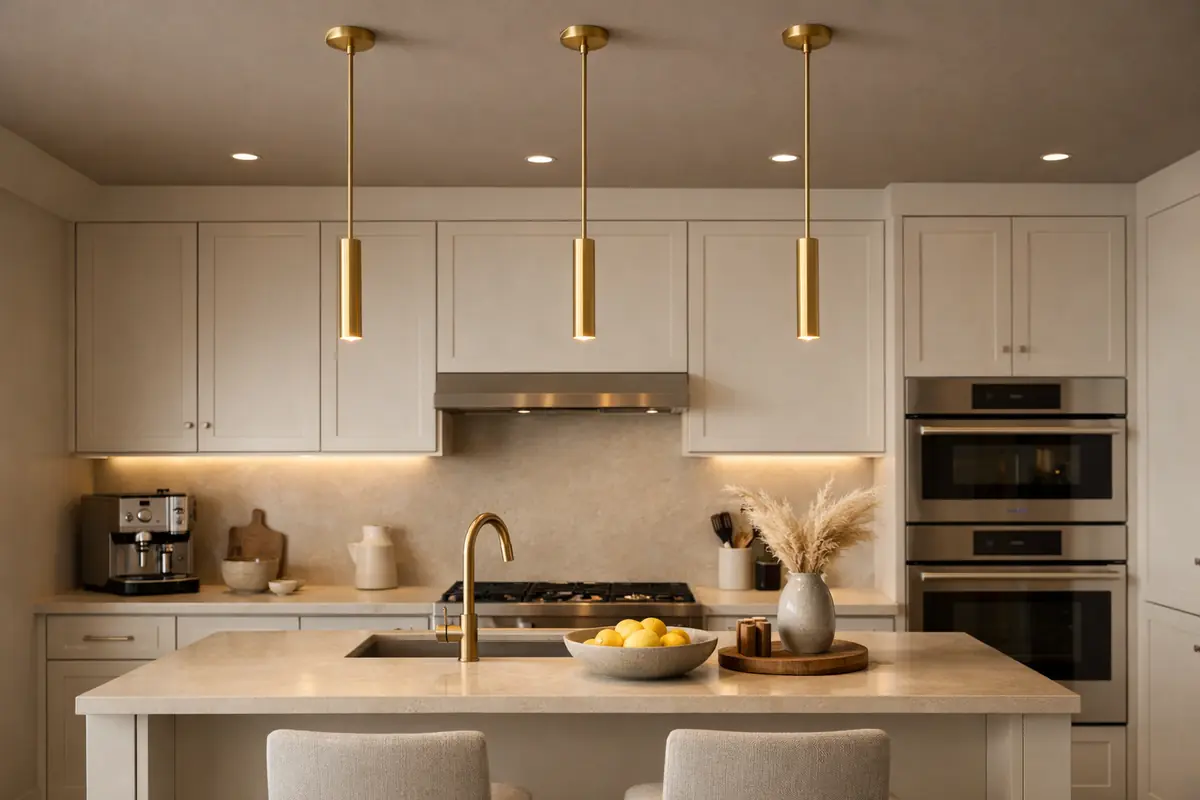 Cuisine beige avec un plafond taupe peint et des luminaires dorés suspendus, créant une ambiance chaleureuse et élégante.