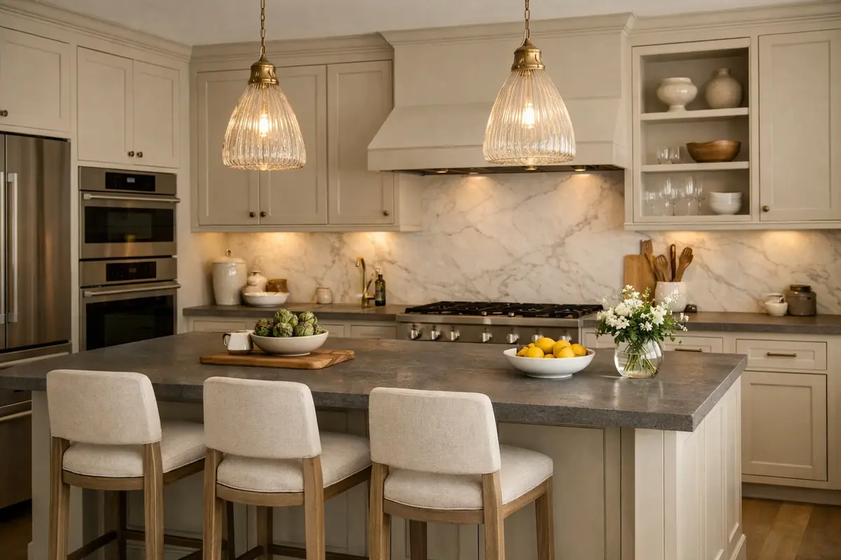 Cuisine beige avec un plan de travail en ardoise gris taupe et des meubles clairs, créant un contraste élégant et naturel.