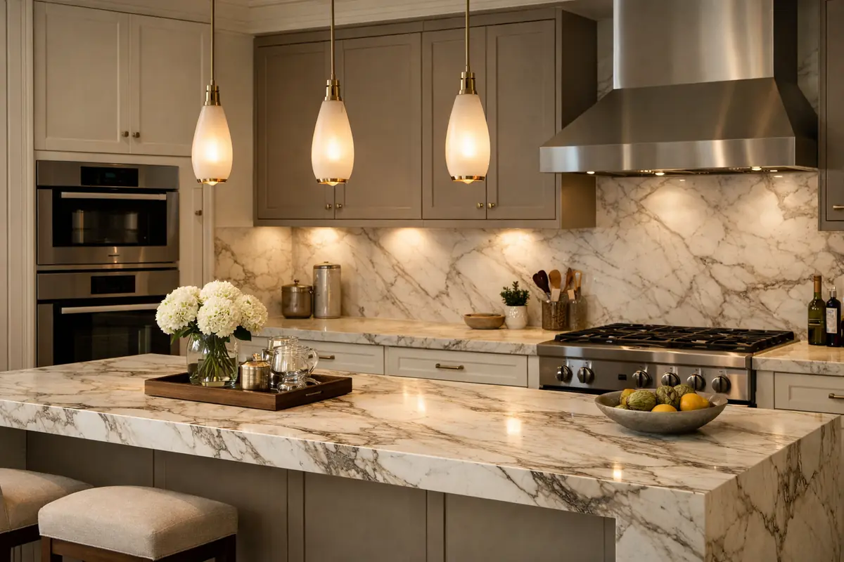 Cuisine beige avec un plan de travail en marbre veiné luxueux et des meubles hauts taupe pour un contraste élégant.