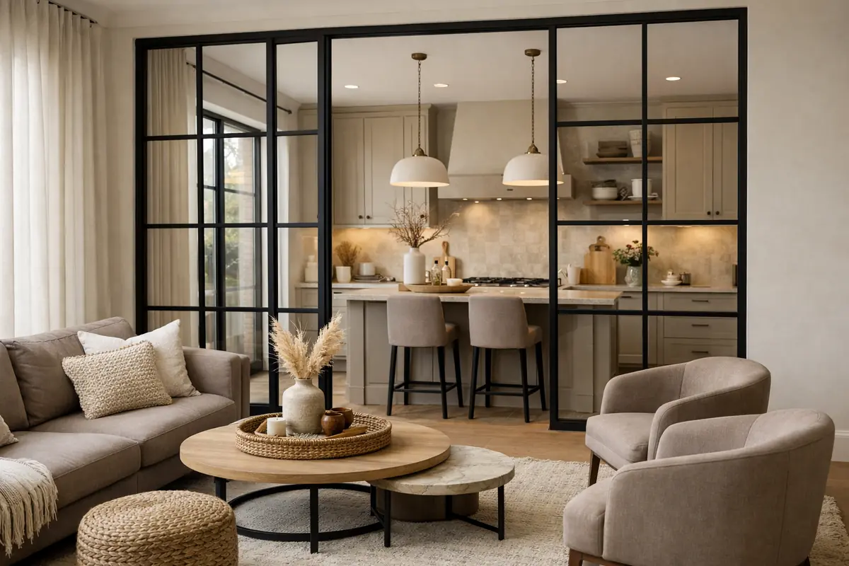 Cuisine beige avec une verrière intérieure noire séparant l'espace et des meubles taupe créant une atmosphère élégante et lumineuse.