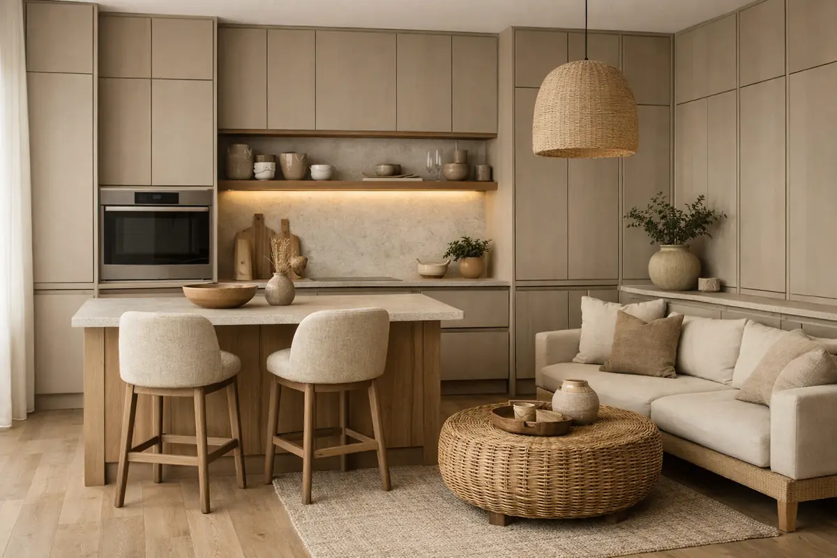 Cuisine beige et taupe avec des meubles colonnes du sol au plafond, optimisant l'espace et créant une impression de hauteur.