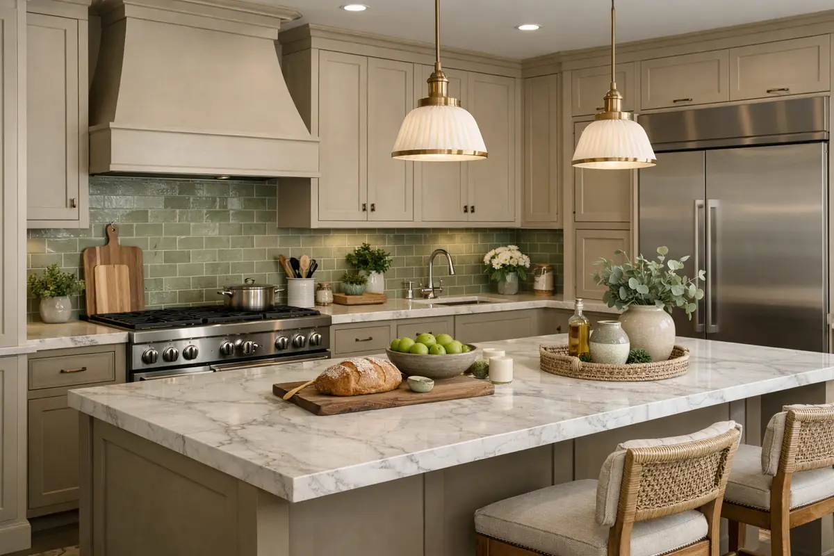 Cuisine beige et taupe avec des touches de vert sauge sur la crédence et les accessoires, apportant une touche de fraîcheur naturelle.