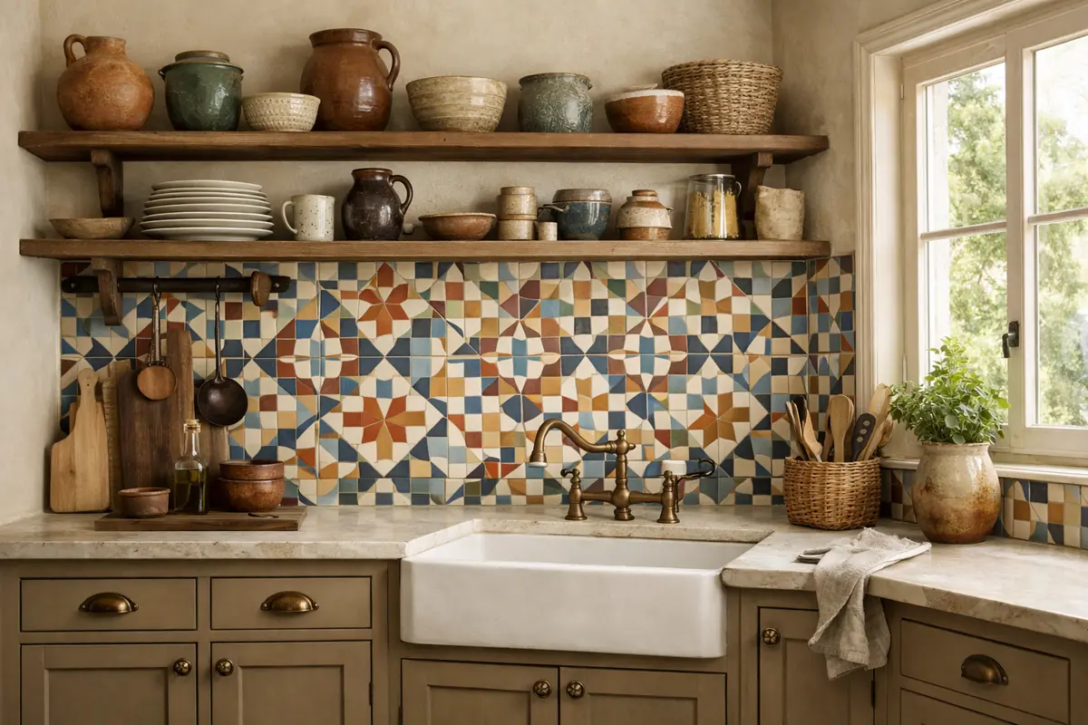 Cuisine beige et taupe avec une crédence en carreaux de ciment aux motifs géométriques, apportant une touche artisanale et colorée.