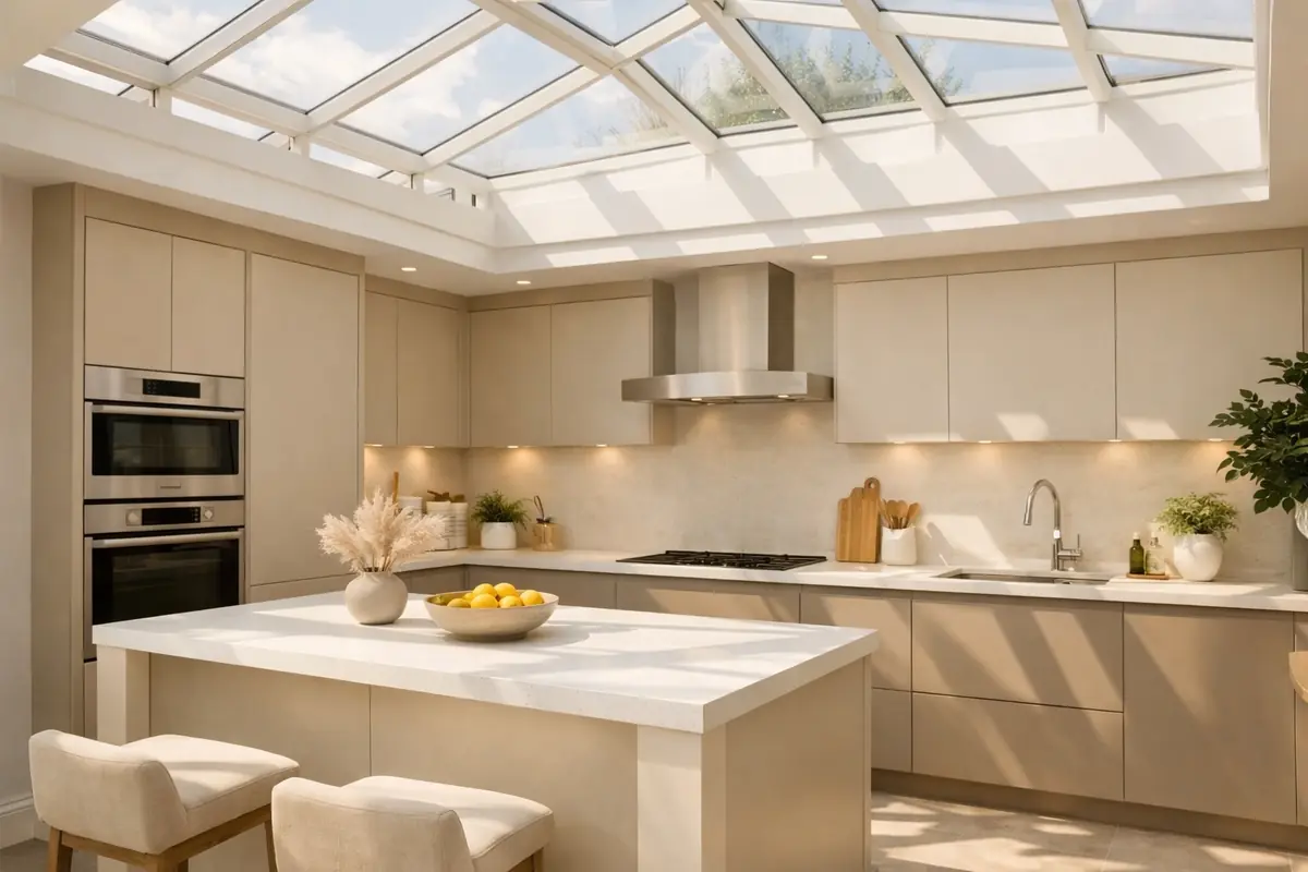 Cuisine beige et taupe sous une verrière, baignée de lumière naturelle, créant une atmosphère lumineuse et aérée.