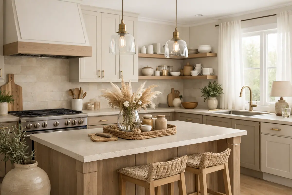 Élégante cuisine beige et taupe baignée de lumière naturelle, promesse d'un intérieur raffiné et chaleureux.