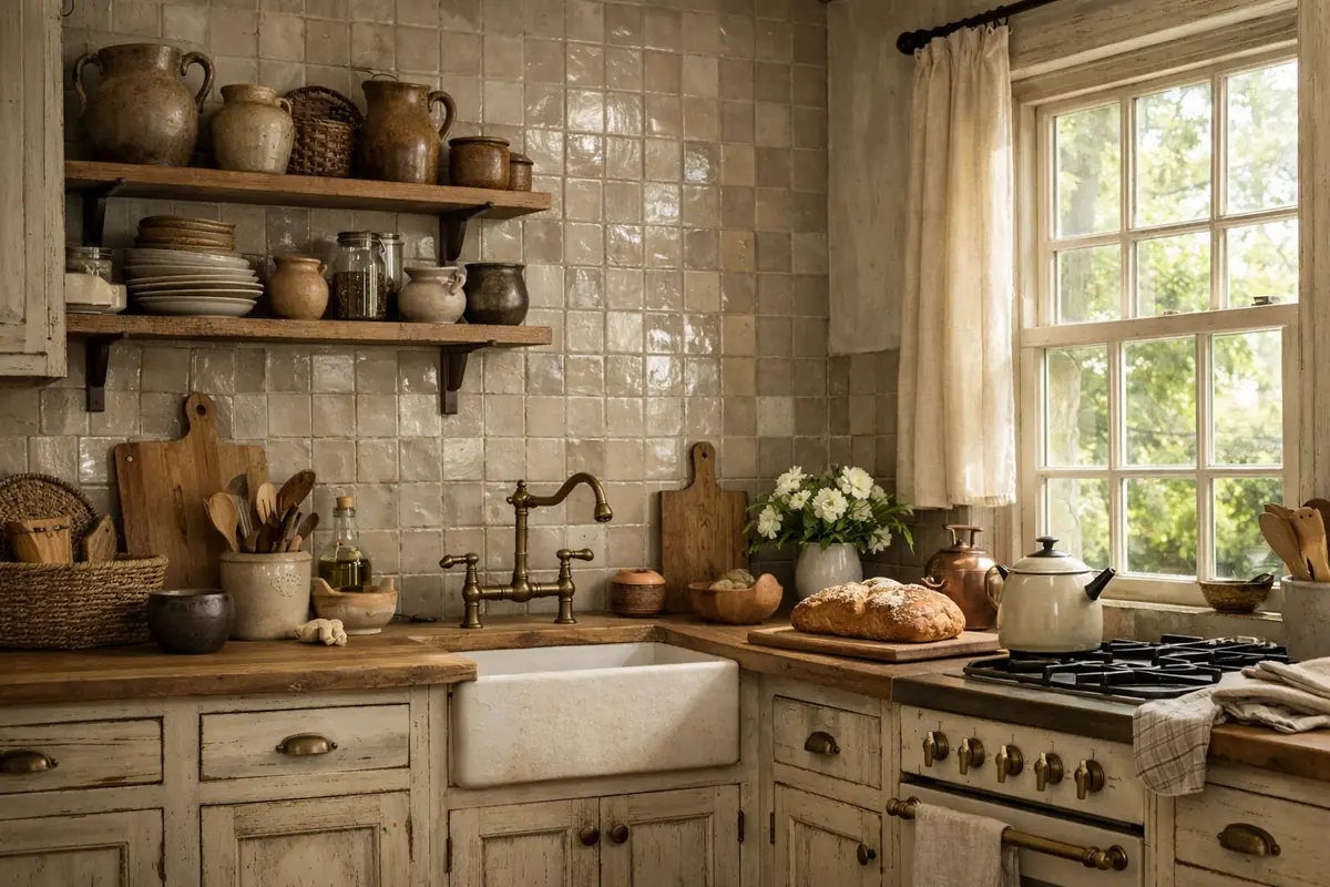 Cuisine campagne chic avec des façades en bois peint beige patiné et une crédence en zelliges taupe aux reflets subtils.