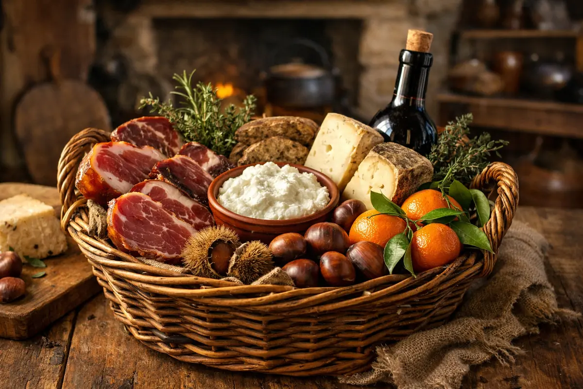 Recette Cuisine Corse — Panier débordant de spécialités corses, ambiance chaleureuse et authentique.