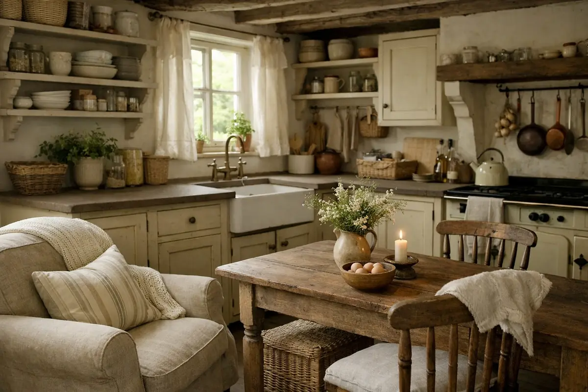 Cuisine cottage avec des meubles beige vieilli et un plan de travail en bois taupe, créant une ambiance chaleureuse et authentique.