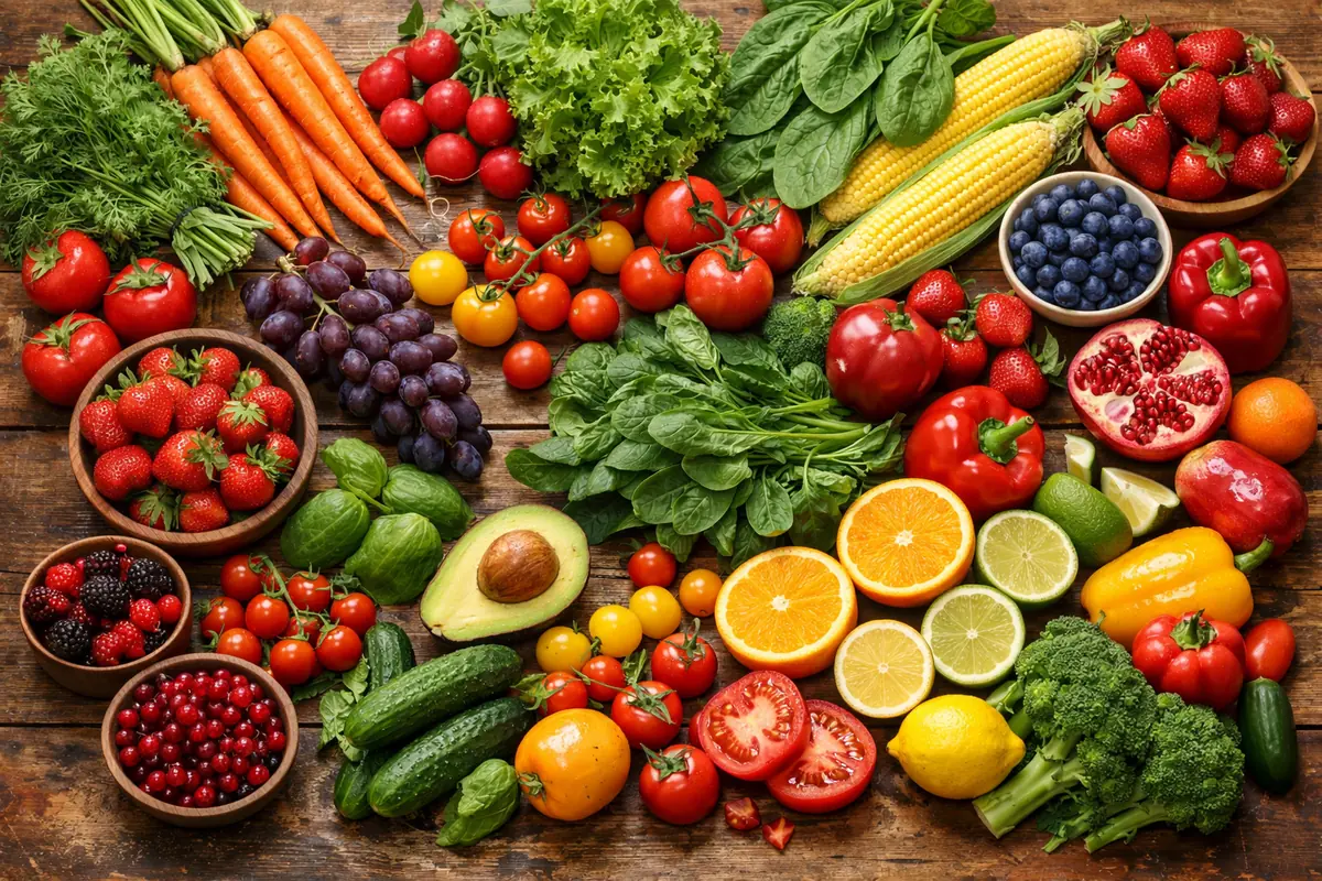 Cuisine de Saison — Assortiment coloré de fruits et légumes de saison, évoquant la fraîcheur et la simplicité de la cuisine naturelle. recette de saison