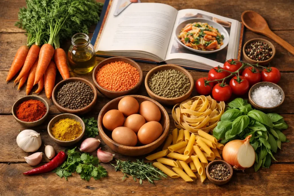 Assortiment coloré d'ingrédients frais, symbolisant la cuisine étudiante économique et savoureuse. Cuisine pour les Étudiants