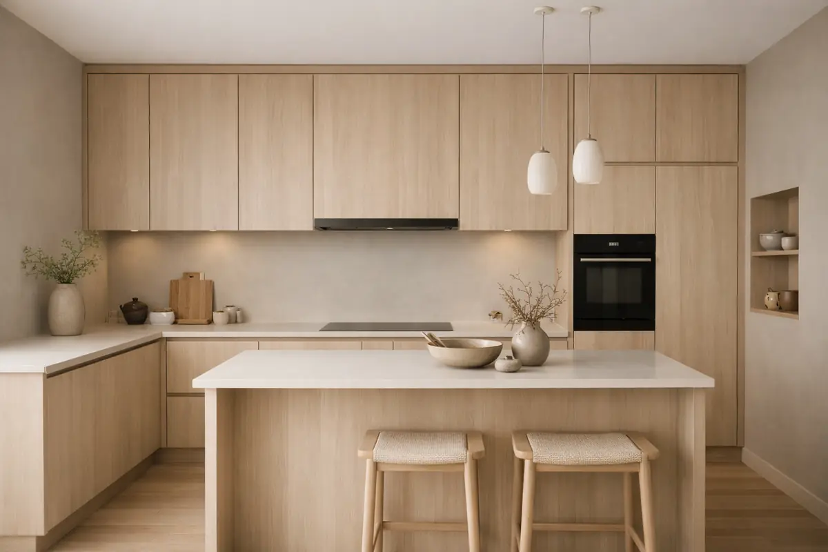 Cuisine japandi avec des meubles en bois clair beige et des murs taupe doux pour un design minimaliste et apaisant.