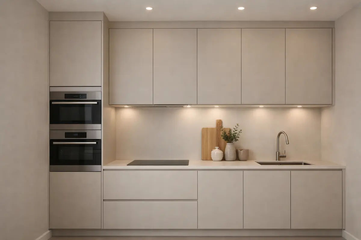 Cuisine minimaliste avec des murs taupe clair apaisants et des meubles beige sans poignées pour un design épuré.
