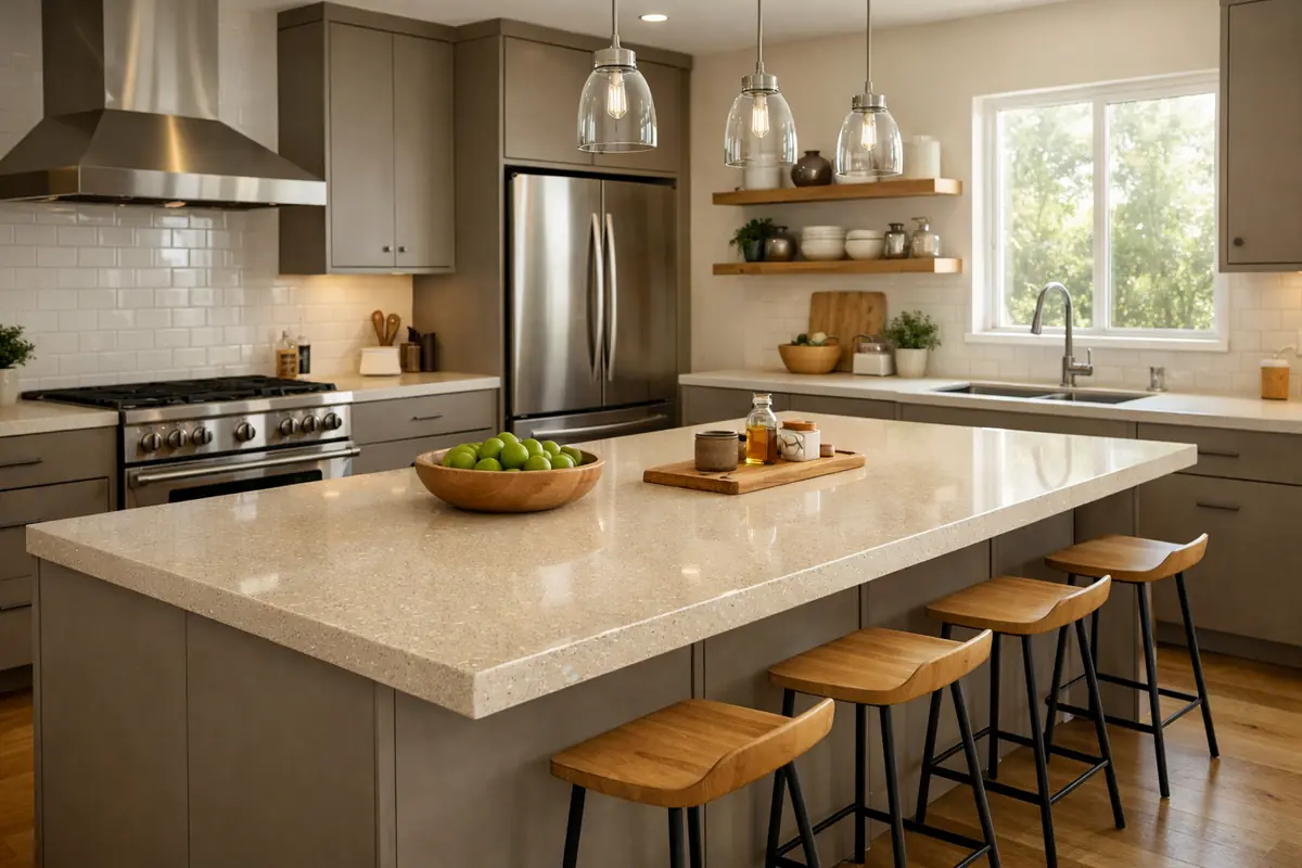 Cuisine moderne avec un grand îlot central recouvert de quartz beige lumineux, entouré de meubles bas taupe mat élégants.