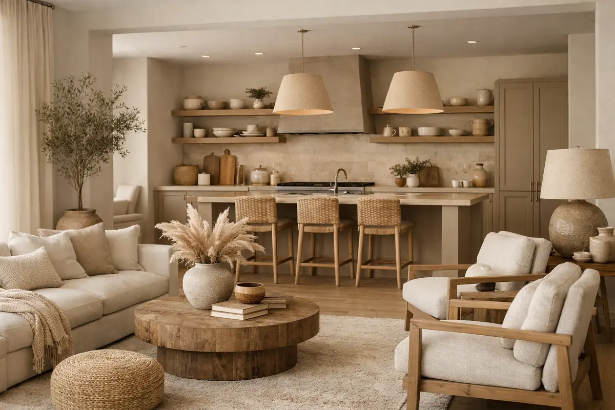 Cuisine ouverte beige et taupe s'intégrant harmonieusement dans un salon aux tons neutres, créant un espace de vie fluide et connecté.