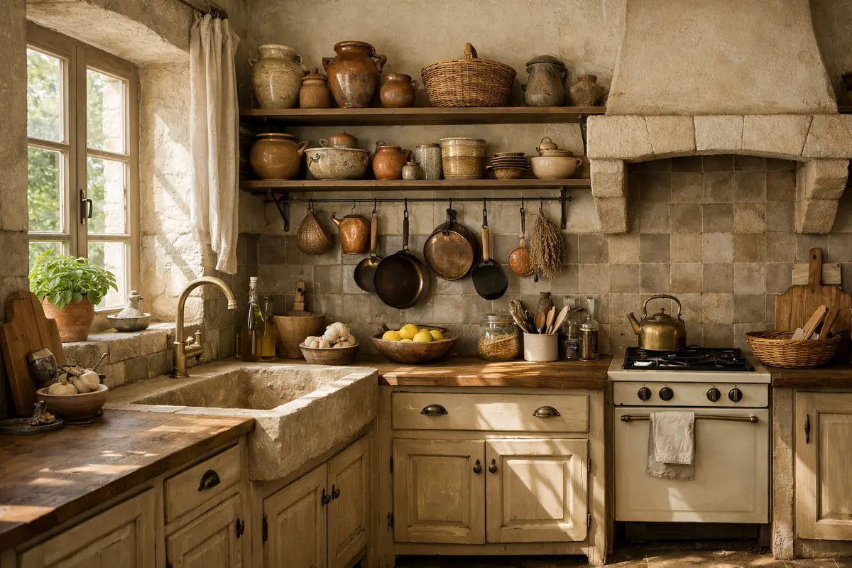 Cuisine provençale avec des meubles beige patiné et un carrelage taupe ancien, évoquant le charme rustique et authentique du sud de la France.