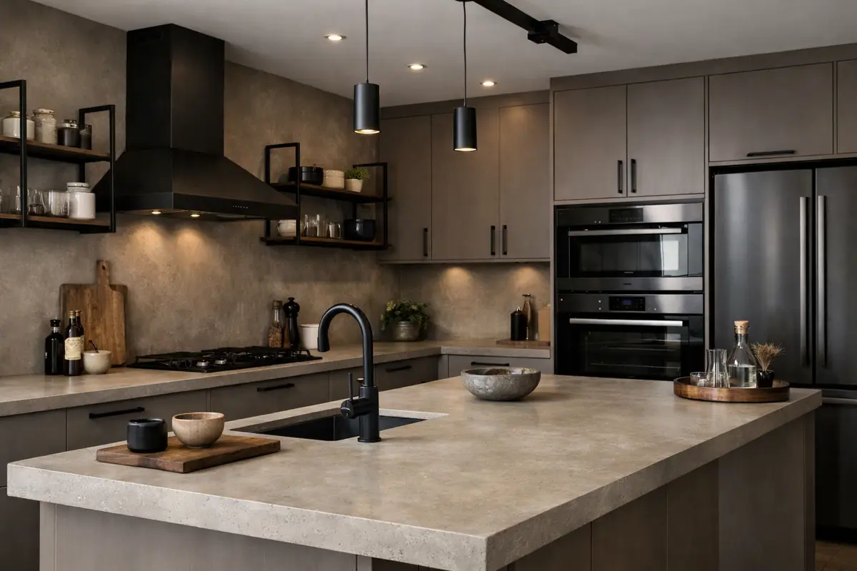 Cuisine taupe avec des éléments métalliques noirs pour un style industriel adouci et un plan de travail en béton beige.