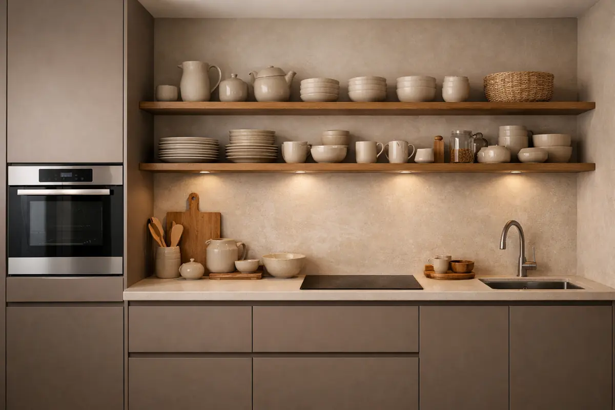 Cuisine taupe avec des étagères ouvertes en bois exposant une vaisselle beige, créant une esthétique chaleureuse et personnelle.