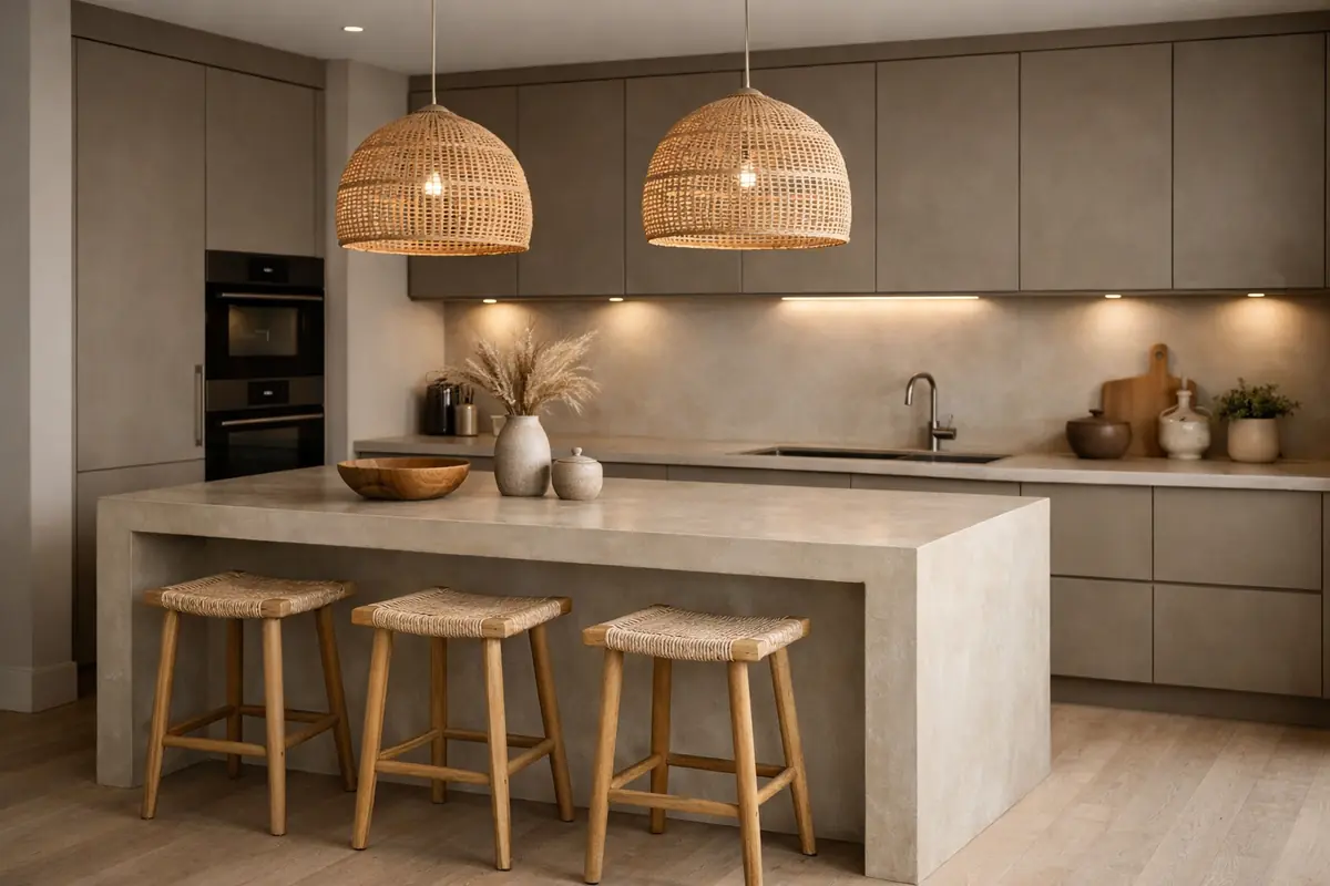 Cuisine taupe avec un îlot en béton ciré beige et des luminaires en rotin, créant une ambiance naturelle et chaleureuse.