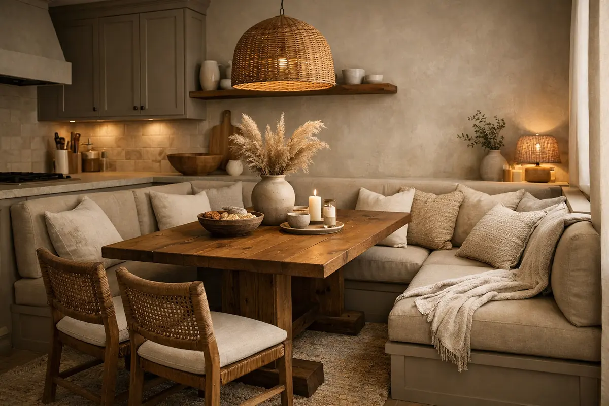 Cuisine taupe avec une banquette beige intégrée autour d'une table en bois massif, créant un coin repas convivial et chaleureux.