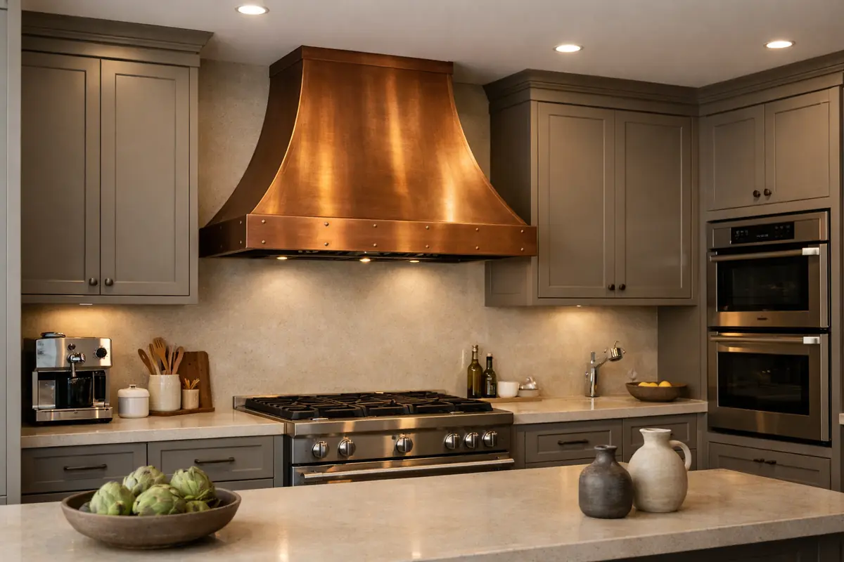 Cuisine taupe avec une hotte décorative en cuivre brossé, apportant une touche chaleureuse, et un plan de travail beige clair.