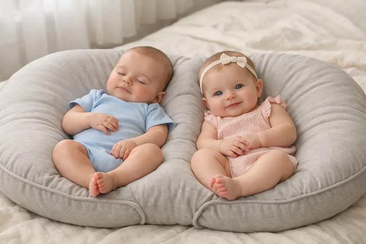 Deux nourrissons confortablement installés côte à côte sur un coussin Twin Z, facilitant l'allaitement ou le biberon simultané.