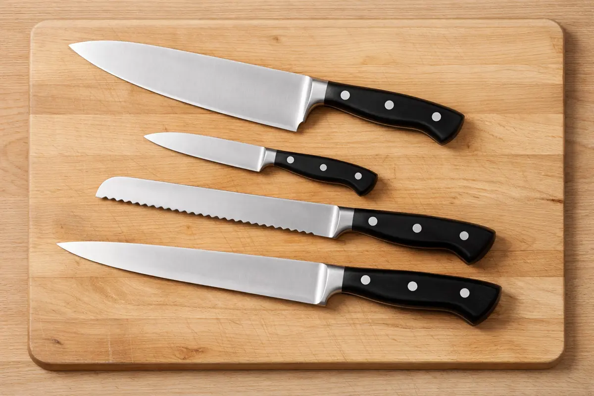 Ensemble de couteaux professionnels (chef, office, pain, découper) disposés sur une planche à découper en bois clair.