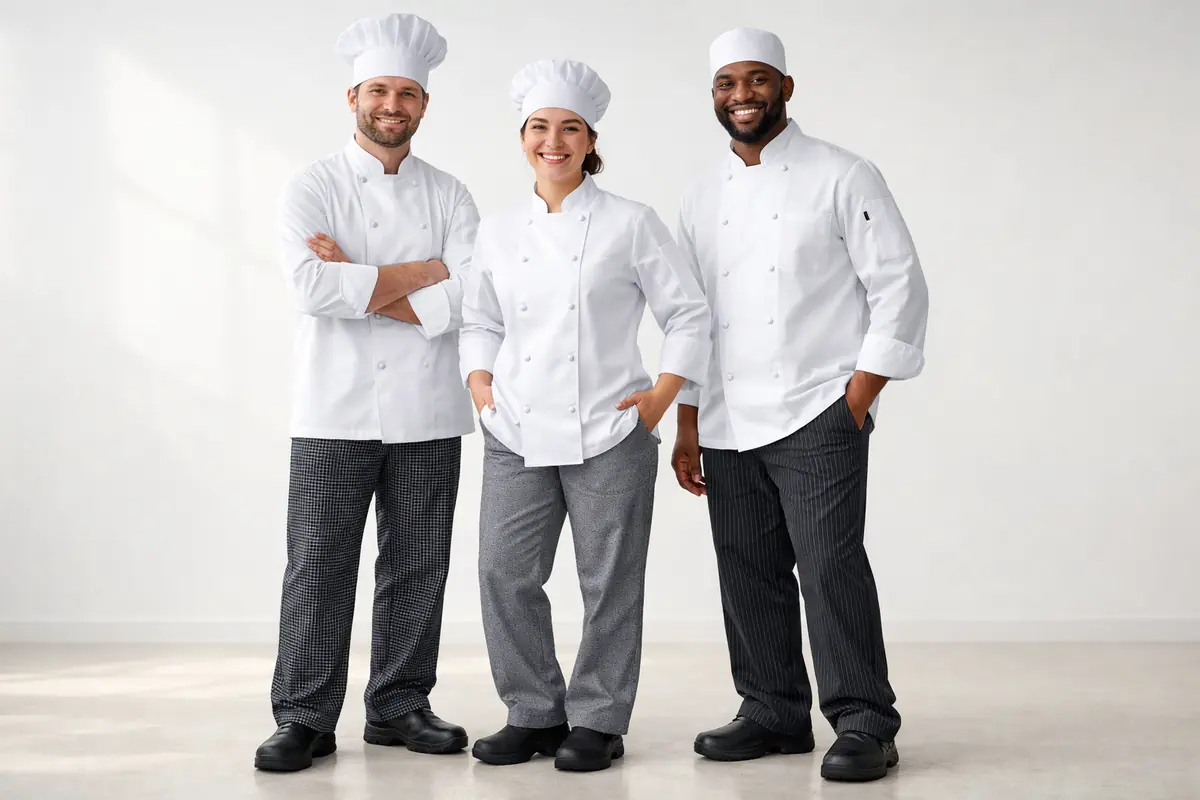 Équipe de cuisine portant des vestes blanches, pantalons de cuisine et chaussures de sécurité antidérapantes.