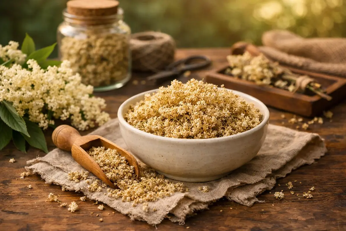 Étapes illustrées du séchage des fleurs de sureau : disposition sur une claie, ventilation adéquate, et vérification de la sécheresse.