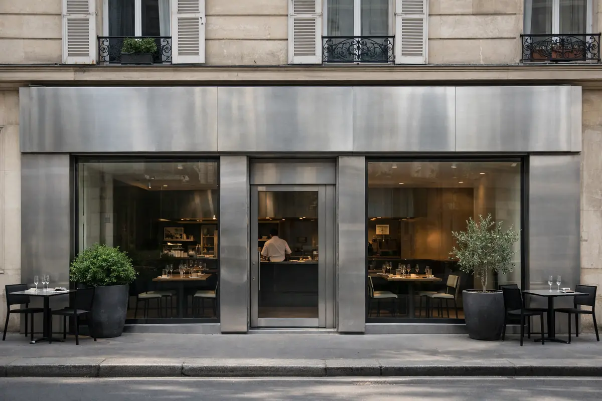 restaurant-atelier-savoir-faire-facade Façade discrète et élégante du restaurant l'Atelier du Savoir-Faire à Paris, métal brossé.
