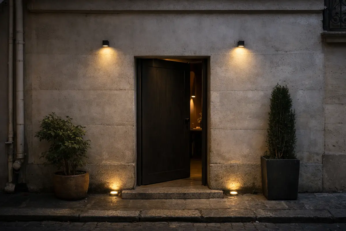 restaurant-insolite-paris-subtil-entree-discreet Façade minimaliste du restaurant Subtil à Paris, porte discrète sans enseigne visible.