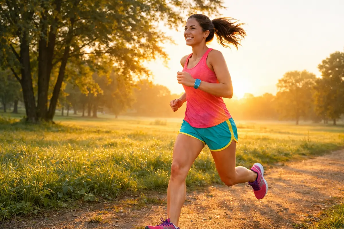 cadeau-fete-des-meres-maman-sportive Femme souriante courant dans un parc au lever du soleil, vêtue de vêtements de sport colorés, exprimant la joie et l'énergie.
