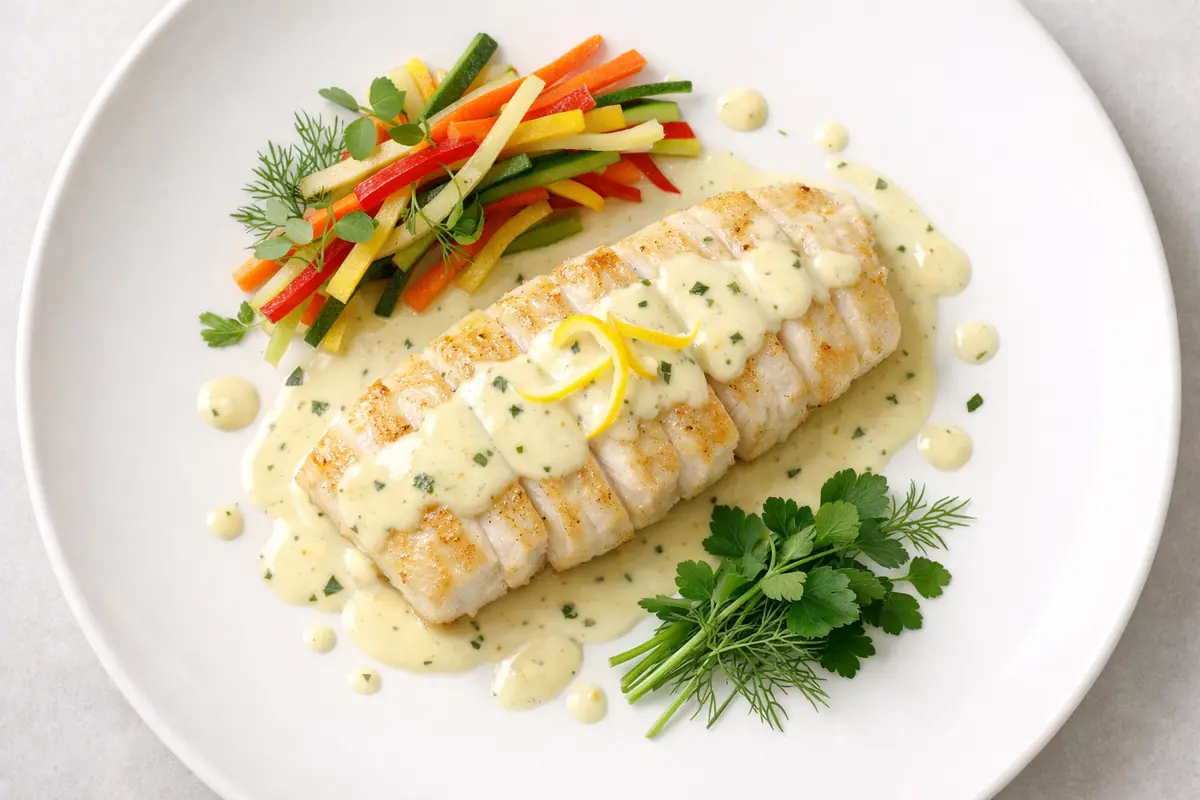 filet-julienne-sauce-creme-citronnee.jpg Filet de julienne nappé de sauce crème citronnée, accompagné de julienne de légumes colorée et d'herbes fraîches.