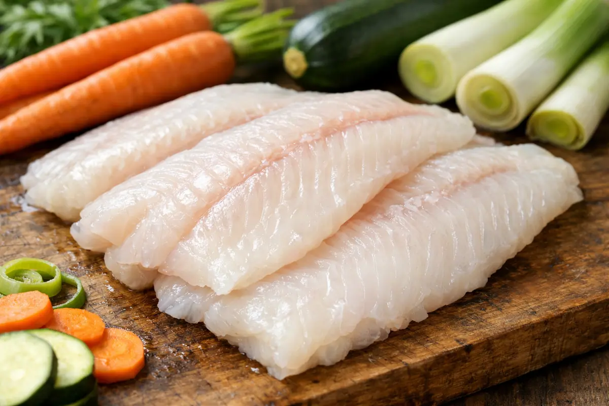 julienne-fraiche-legumes-crus.jpg Filets de julienne crus, chair nacrée et ferme, présentés avec carottes, courgettes et poireau.