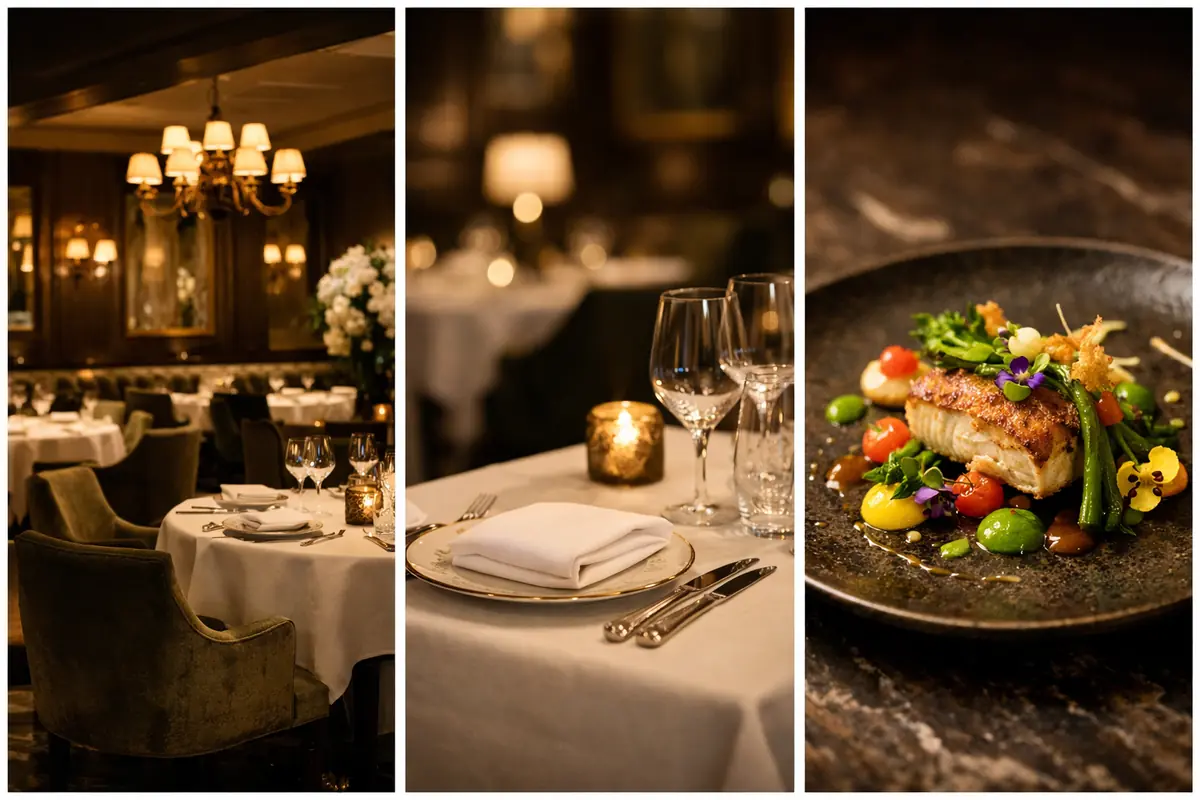 Galerie de photos illustrant l'ambiance raffinée, l'art de la table soigné et les plats créatifs d'un restaurant gastronomique étoilé.