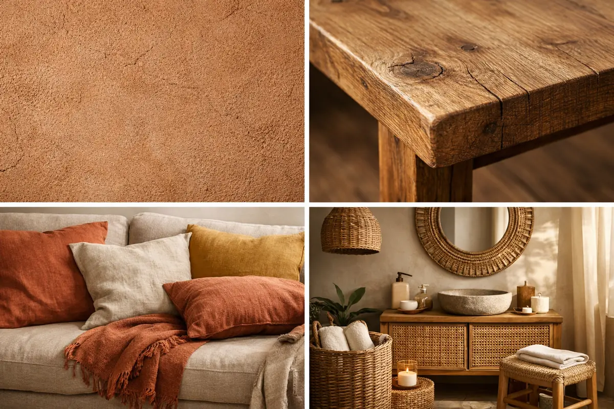 Galerie d'images présentant les tendances 2026 en matière de couleurs et de matériaux pour la décoration intérieure : enduits naturels, bois massif, tons terreux et matières organiques.