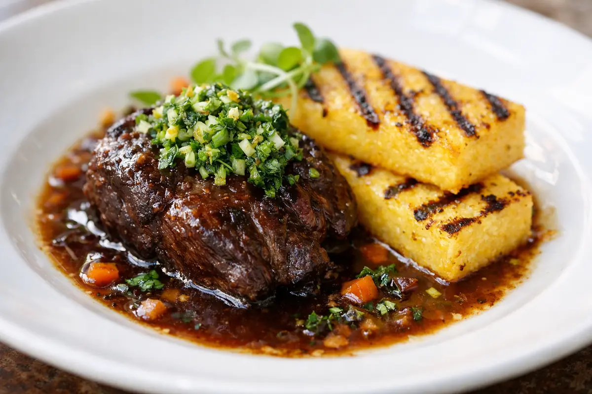 restaurant-table-maraichers-plat-boeuf Gros plan appétissant sur la joue de bœuf braisée, polenta grillée et gremolata de La Table des Maraîchers à Lyon.