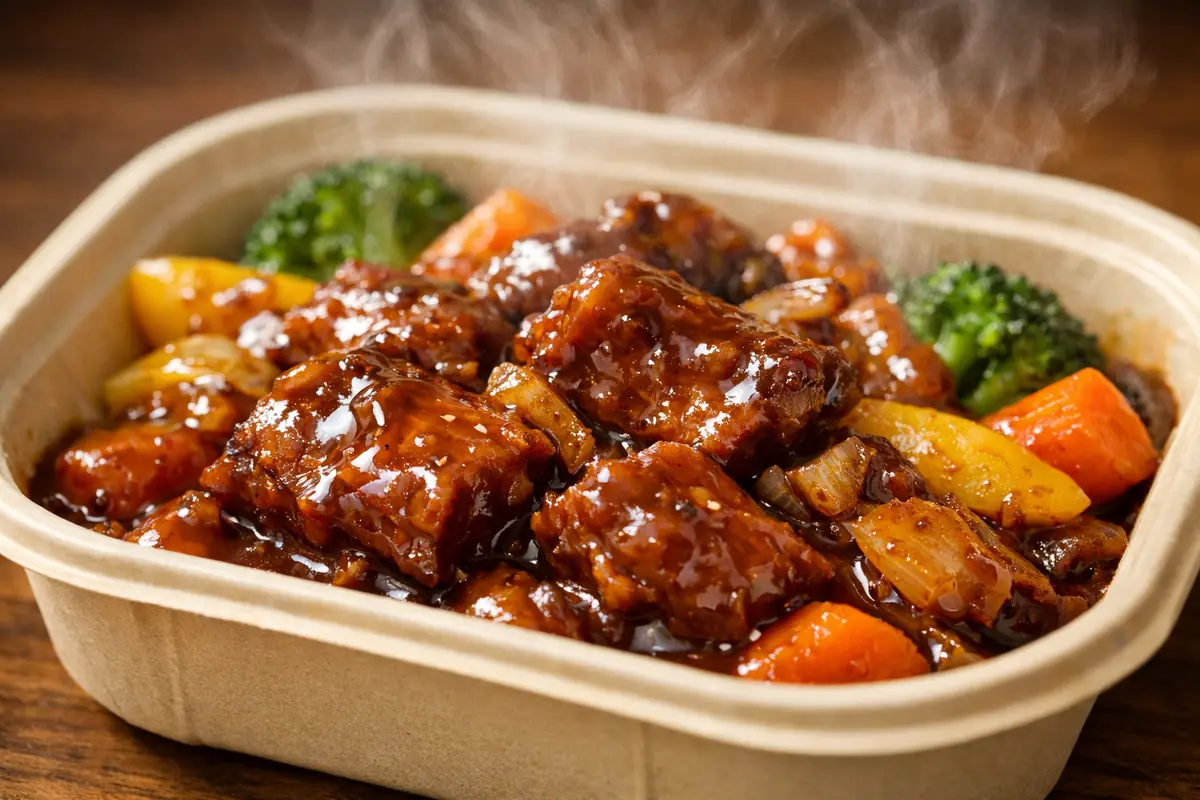 Gros plan d'un plat signature à emporter, mettant en valeur une sauce brillante et une portion généreuse.