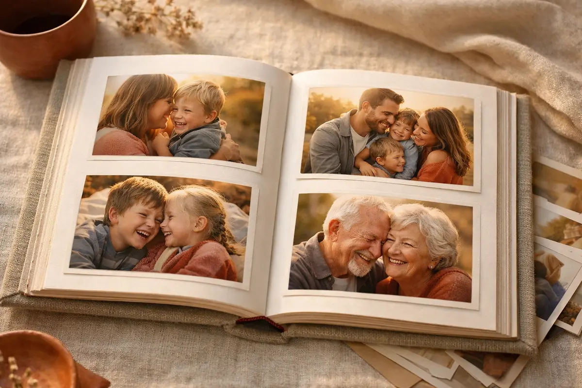 cadeau-fete-des-meres-album-photo-famille Gros plan sur un album photo personnalisé ouvert, montrant des photos de famille souriantes, éclairage naturel doux, ambiance chaleureuse.