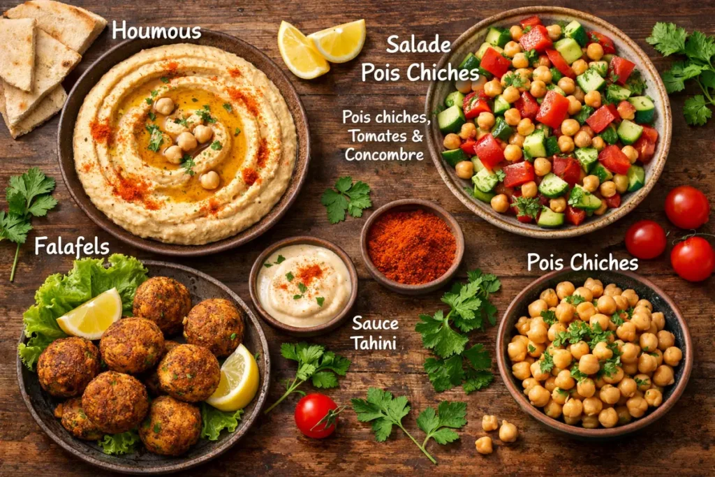 Assortiment coloré de plats à base de pois chiches : houmous crémeux, salade fraîche, falafels dorés, promesse d'une cuisine saine et savoureuse. cuisson des pois chiches
