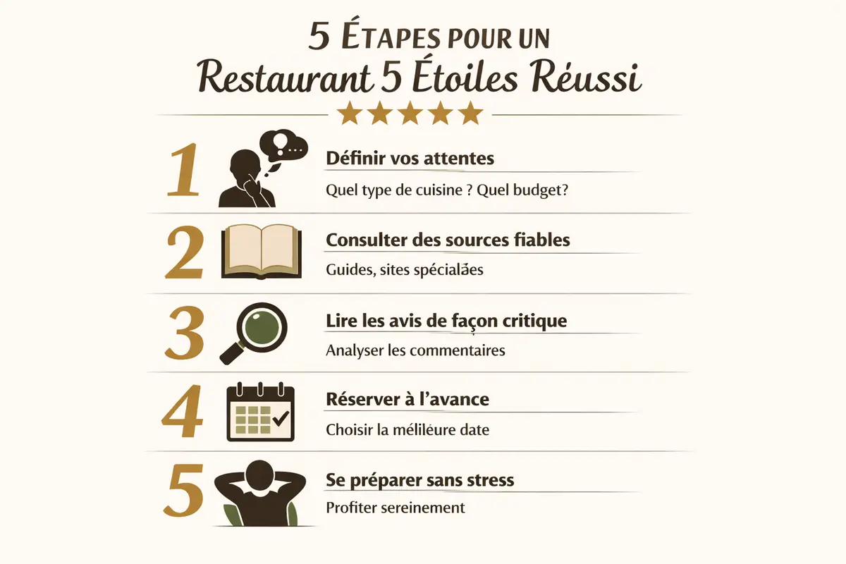 Infographie détaillant les cinq étapes clés pour choisir un restaurant 5 étoiles et ne pas être déçu.