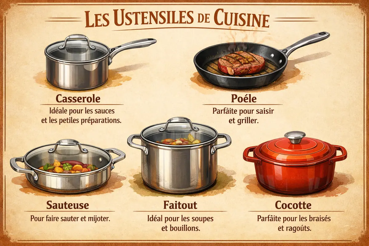 Infographie détaillant les différentes pièces d'une batterie de cuisine et leurs utilisations principales : casserole, poêle, sauteuse, faitout, etc.
