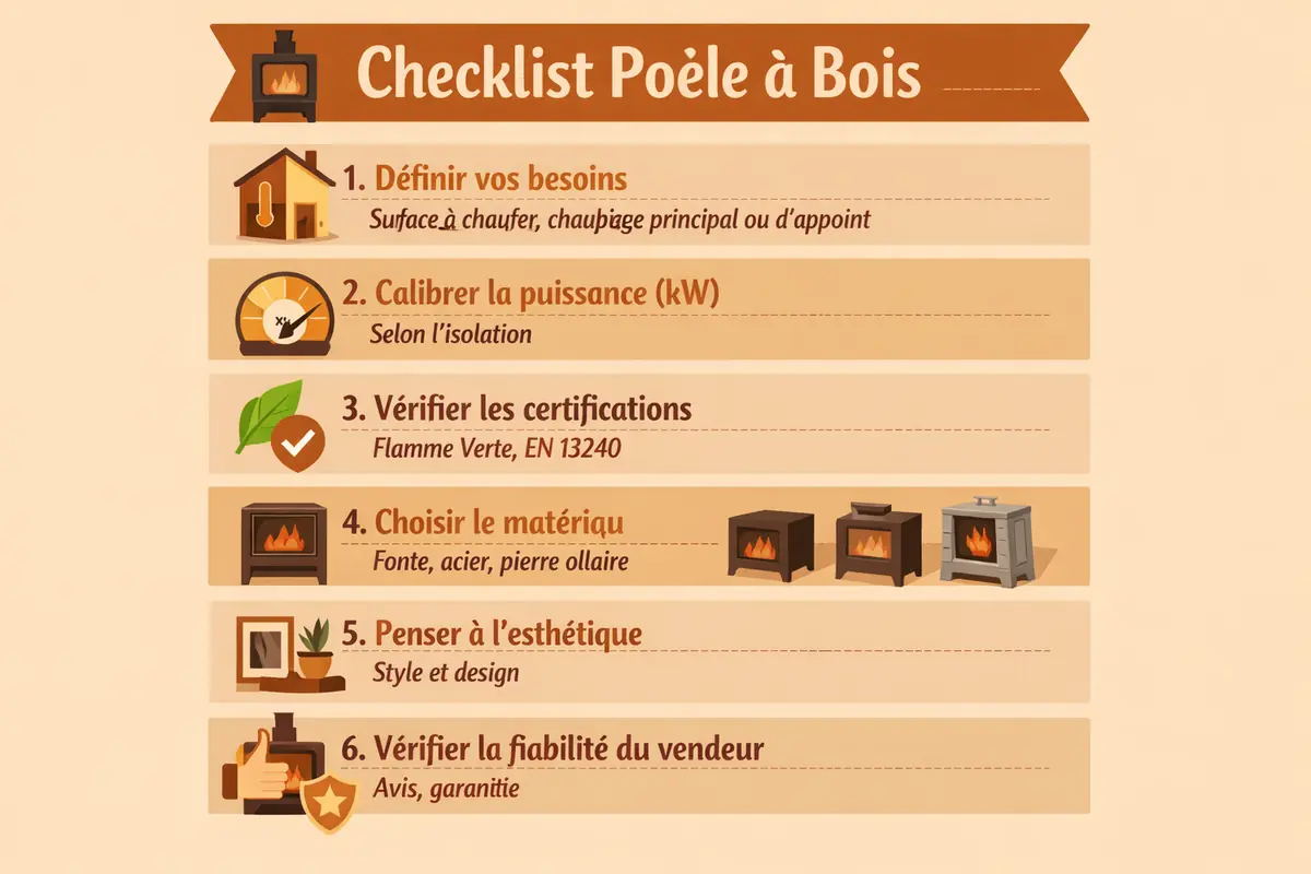 Infographie présentant une checklist pour choisir un poêle à bois : puissance, rendement, matériau, vendeur, certifications.