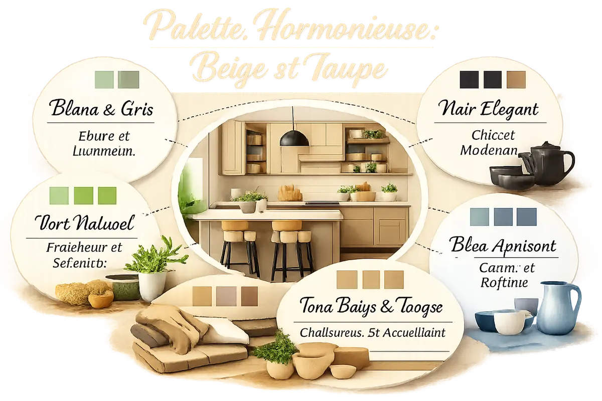 Infographie présentant une palette de couleurs harmonieuses associant le beige, le taupe, le blanc, le gris, le noir, le vert et le bleu pour la décoration d'une cuisine.