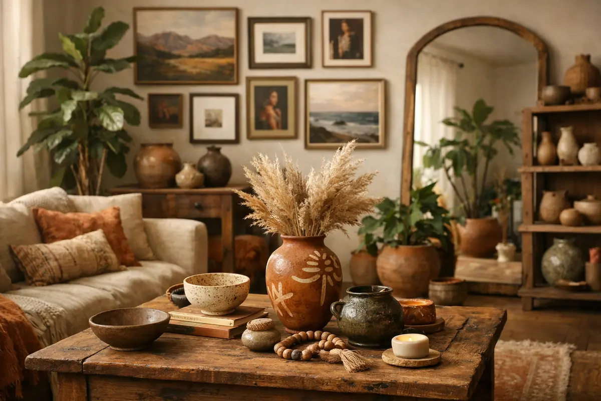 Inspiration déco avec des accessoires : tableaux, miroirs, objets artisanaux et plantes pour personnaliser un intérieur.