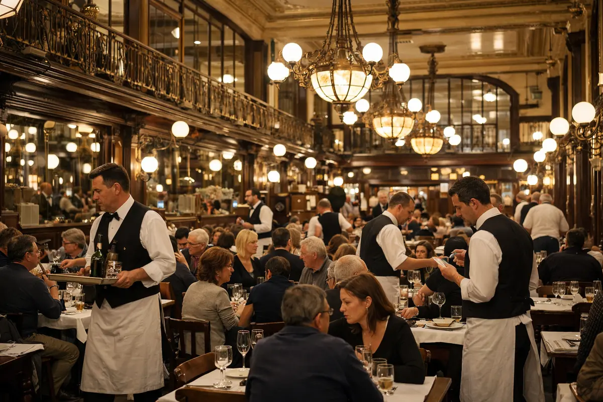 restaurant-insolite-paris-bouillon-chartier-salle Intérieur animé du Bouillon Chartier à Paris, avec ses serveurs en tablier blanc et son décor Belle Époque.