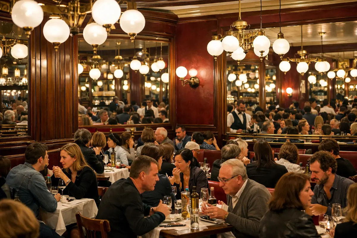 Intérieur animé du Bouillon Pigalle, décor de brasserie parisienne historique avec miroirs, boiseries et tables rapprochées.