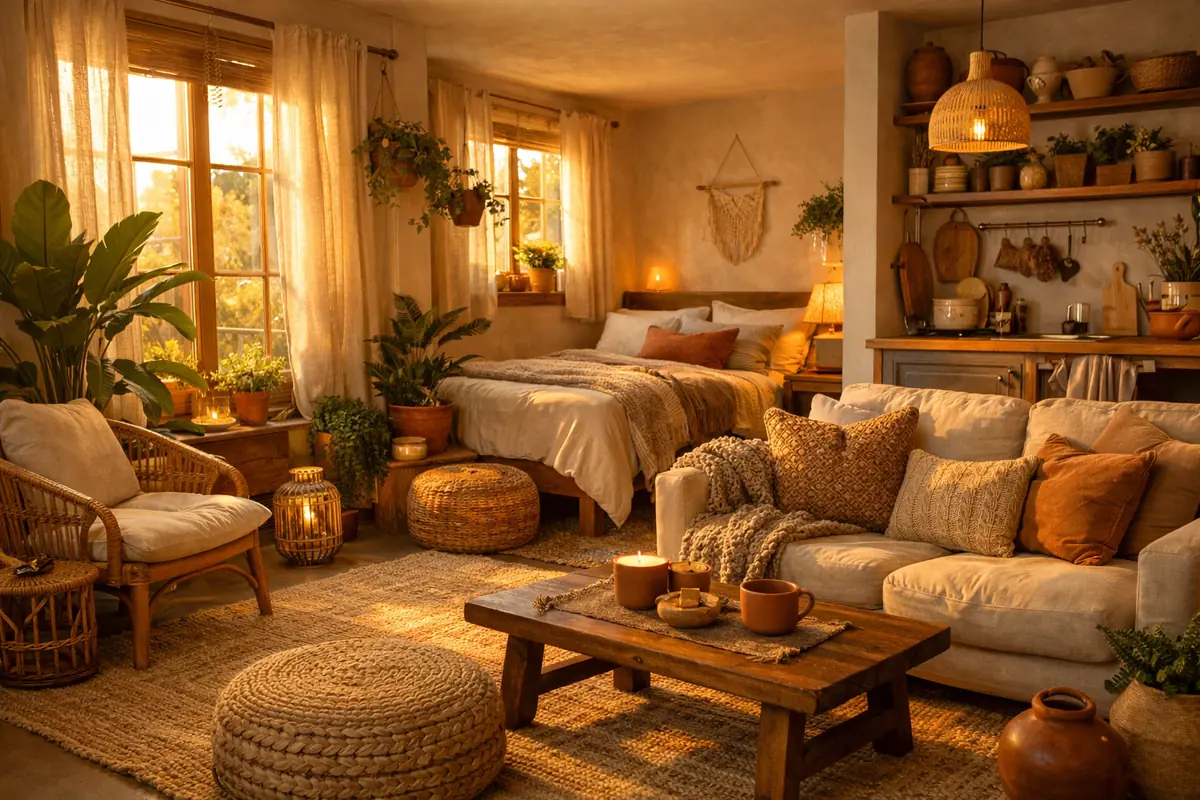 Intérieur de studio aménagé avec goût, ambiance bohème, lumière chaude et détails décoratifs personnels.